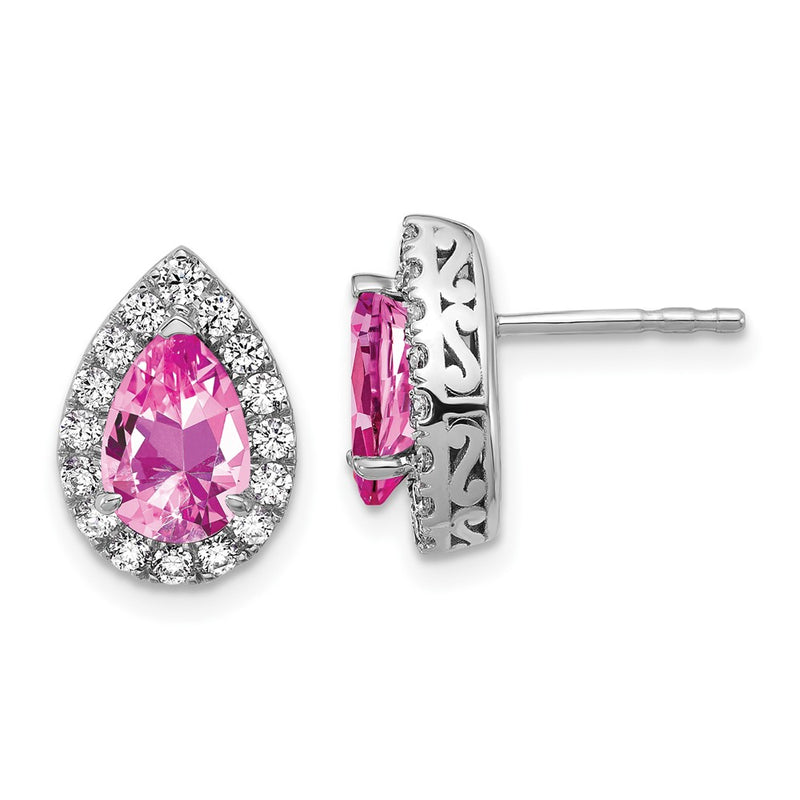 14K White Gold Lab Grown VS/SI FGH Diamond and Created Pink Sapphire Pear Post Earri