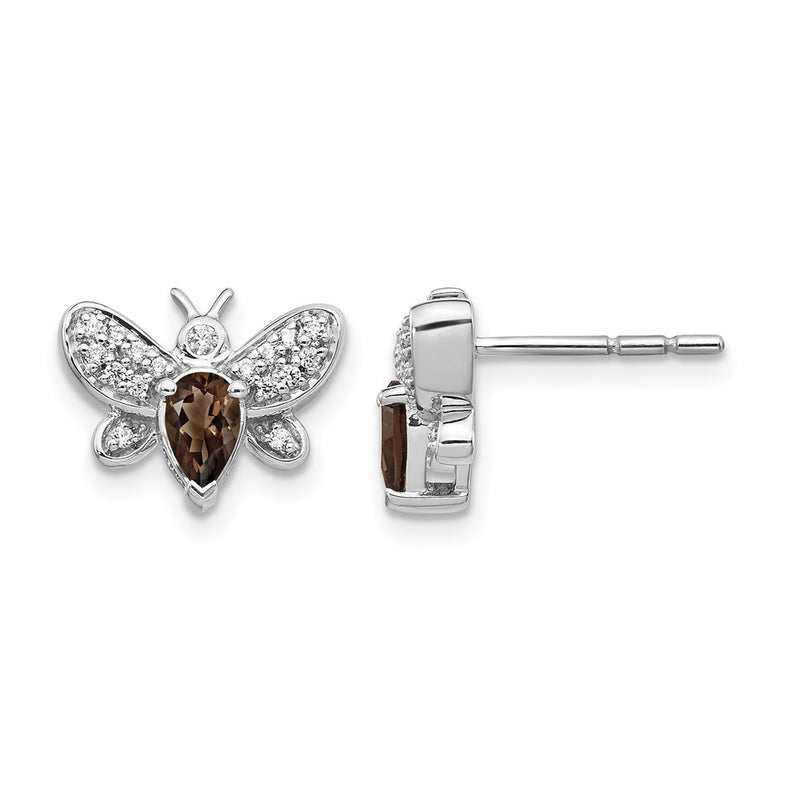 14k White Gold Real Diamond and Smokey Quartz Bee Earrings