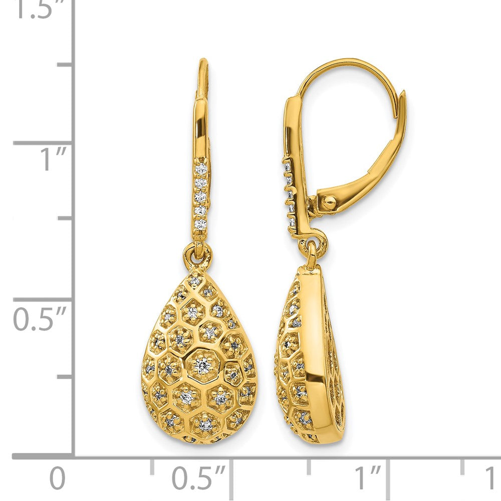 14k Yellow Gold Real Diamond Honeycomb Leverback Earrings