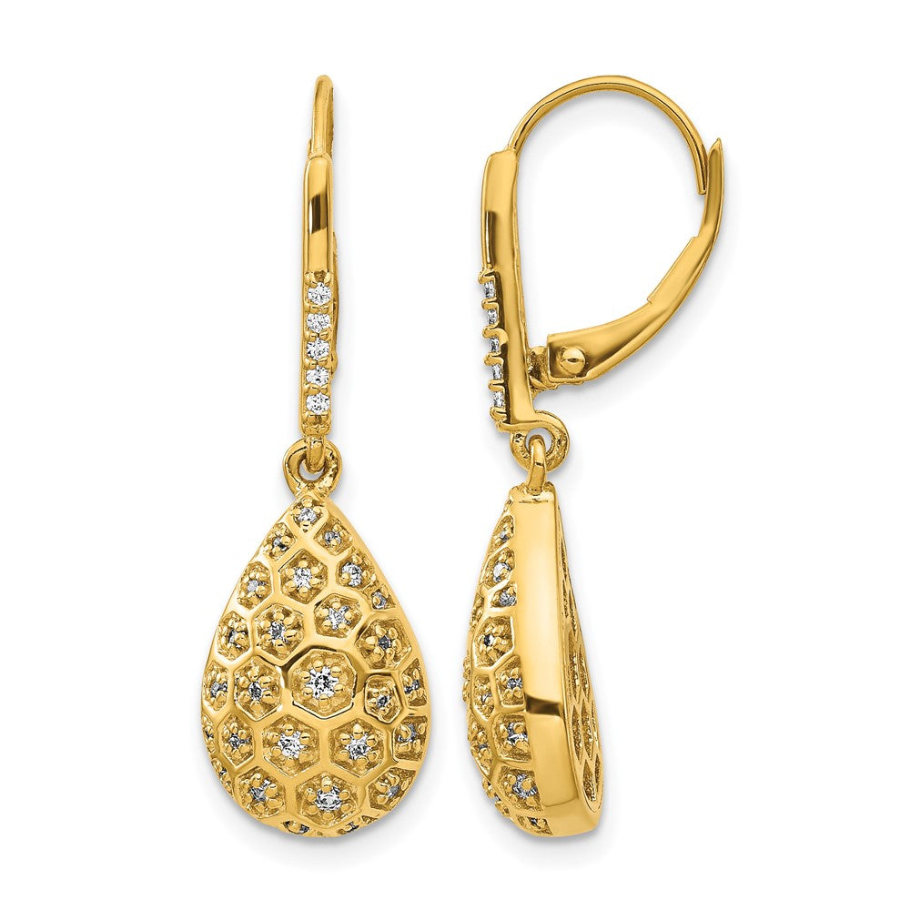 14k Yellow Gold Real Diamond Honeycomb Leverback Earrings
