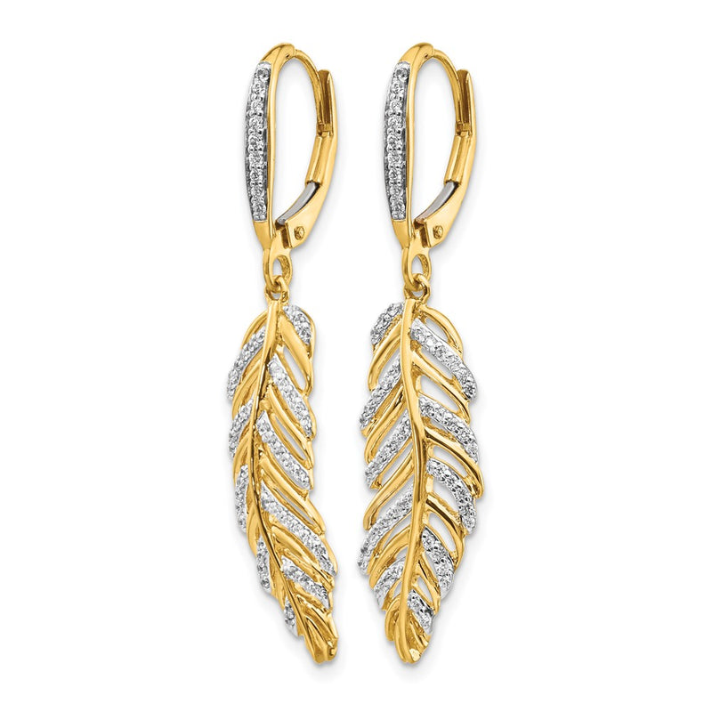 14k Yellow Gold Real Diamond Fancy Feather Leverback Earrings
