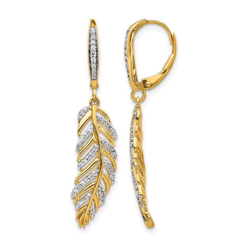 14k Yellow Gold Real Diamond Fancy Feather Leverback Earrings