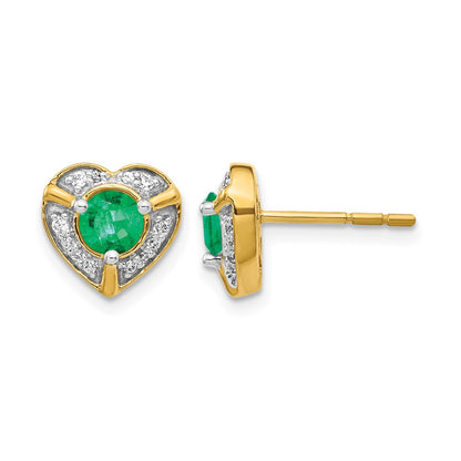 14k Yellow Gold Real Diamond and Emerald Fancy Heart Earrings