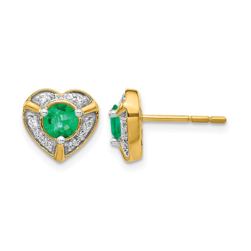 14k Yellow Gold Real Diamond and Emerald Fancy Heart Earrings