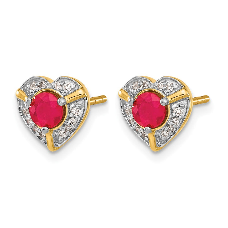 14k Yellow Gold Real Diamond and Ruby Fancy Heart Earrings