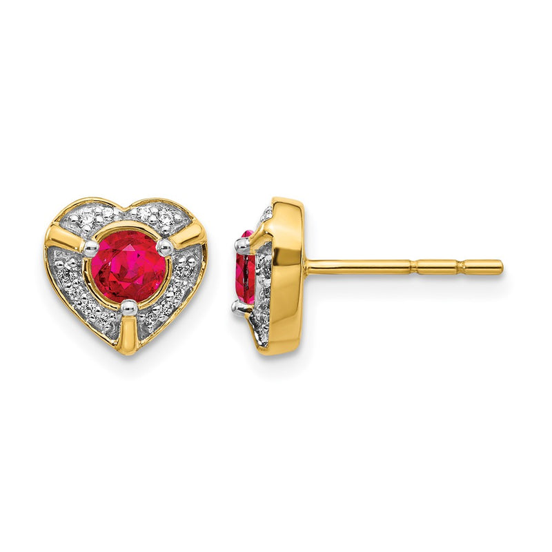 14k Yellow Gold Real Diamond and Ruby Fancy Heart Earrings