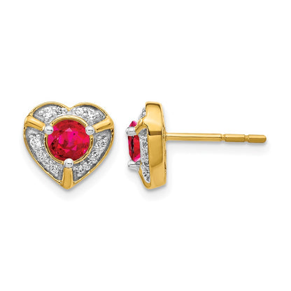 14k Yellow Gold Real Diamond and Ruby Fancy Heart Earrings