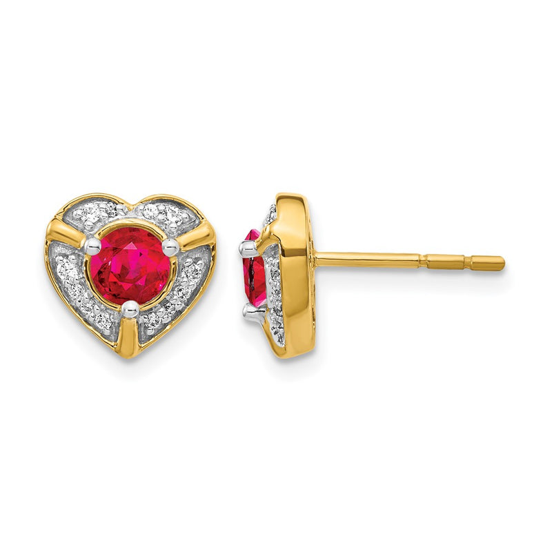 14k Yellow Gold Real Diamond and Ruby Fancy Heart Earrings