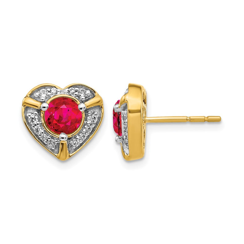 14k Yellow Gold Real Diamond and Ruby Fancy Heart Earrings