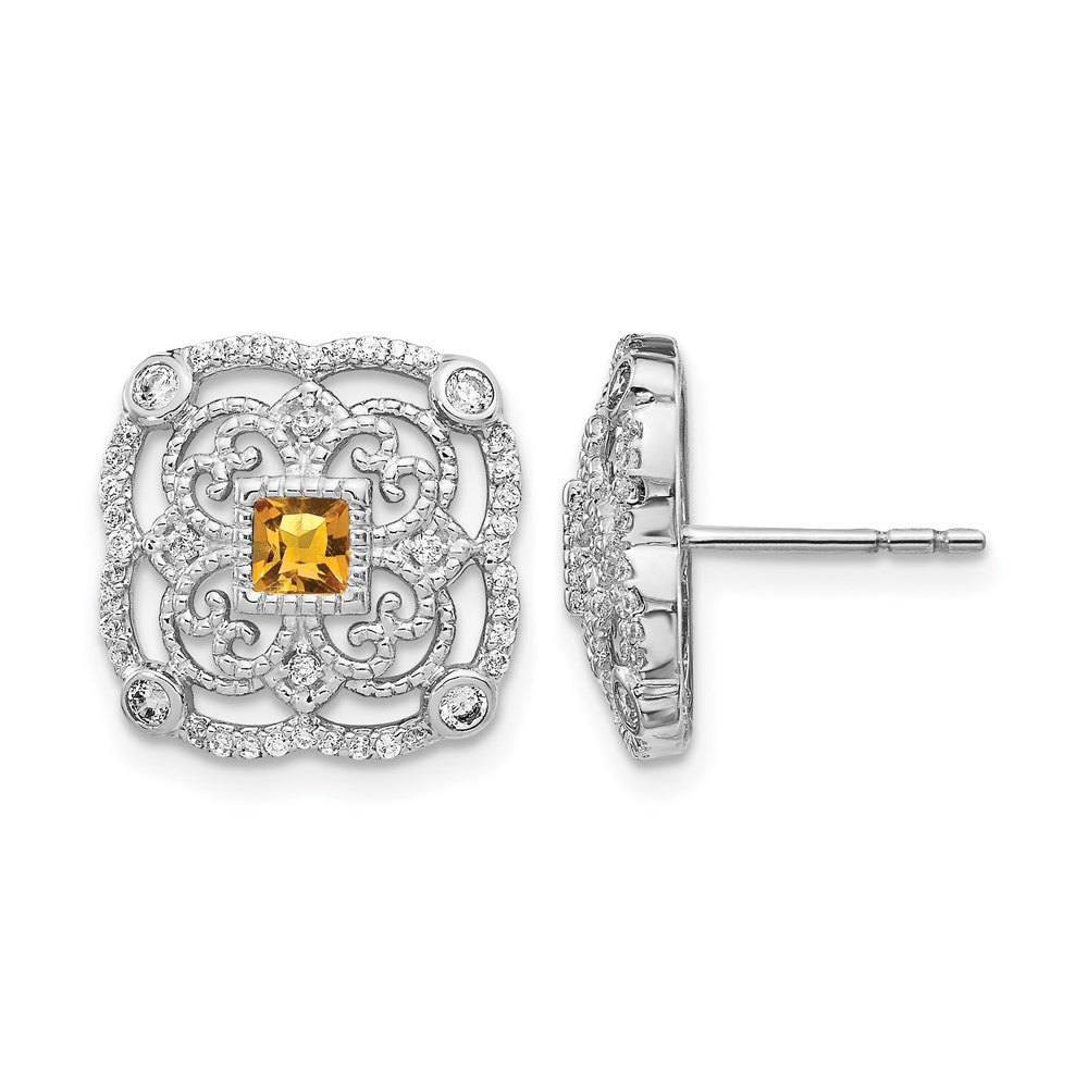 14k White Gold Real Diamond and Citrine Fancy Earrings