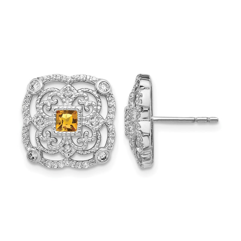 14k White Gold Real Diamond and Citrine Fancy Earrings
