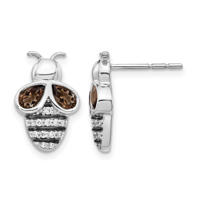 14k White Gold Real Diamond and Smokey Quartz Bee Earrings