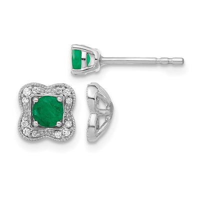 14k White Gold Real Diamond and Emerald Stud w/ Jacket Earrings