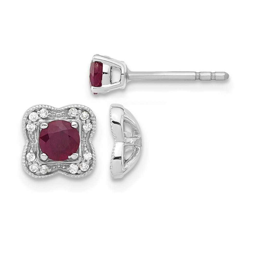 14k White Gold Real Diamond and Ruby Stud w/ Jacket Earrings
