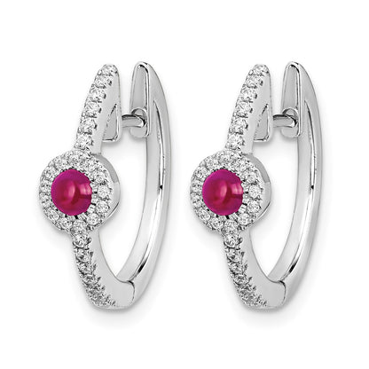 14k White Gold Real Diamond and Cabochon Ruby Hoop Earrings