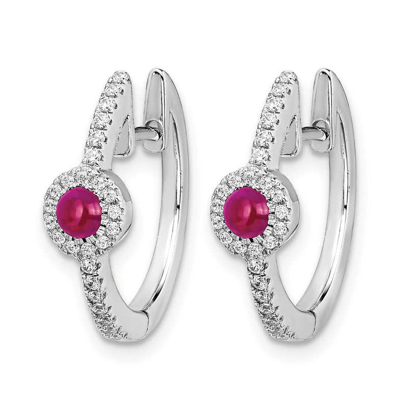 14k White Gold Real Diamond and Cabochon Ruby Hoop Earrings