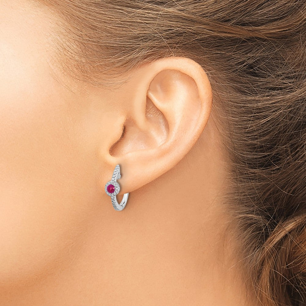 14k White Gold Real Diamond and Cabochon Ruby Hoop Earrings