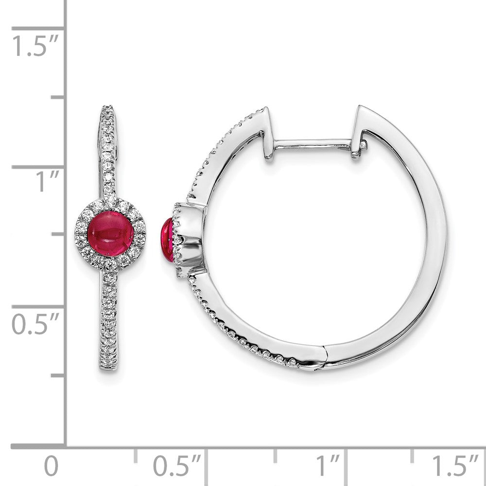 14k White Gold Real Diamond and Cabochon Ruby Hoop Earrings