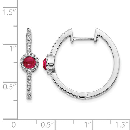 14k White Gold Real Diamond and Cabochon Ruby Hoop Earrings