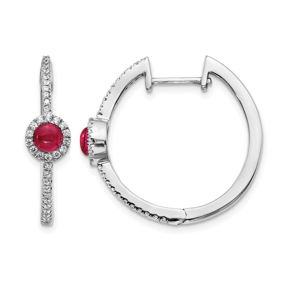 14k White Gold Real Diamond and Cabochon Ruby Hoop Earrings