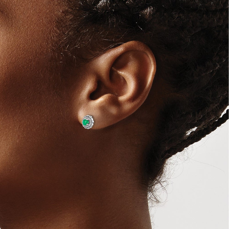 14k White Gold Real Diamond and Cabochon Emerald Earrings