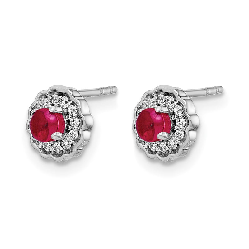 14k White Gold Real Diamond and Cabochon Ruby Earrings