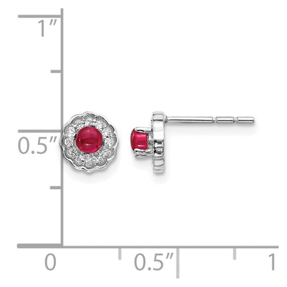 14k White Gold Real Diamond and Cabochon Ruby Earrings