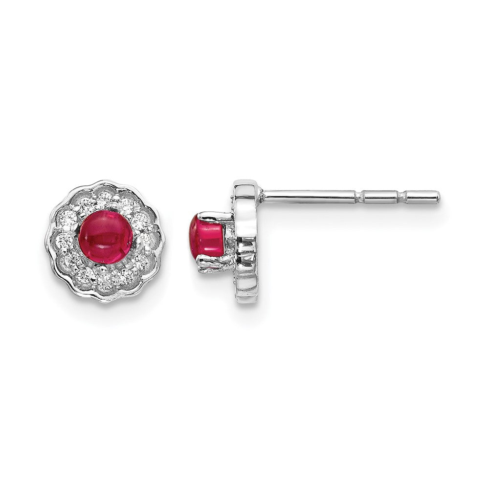14k White Gold Real Diamond and Cabochon Ruby Earrings