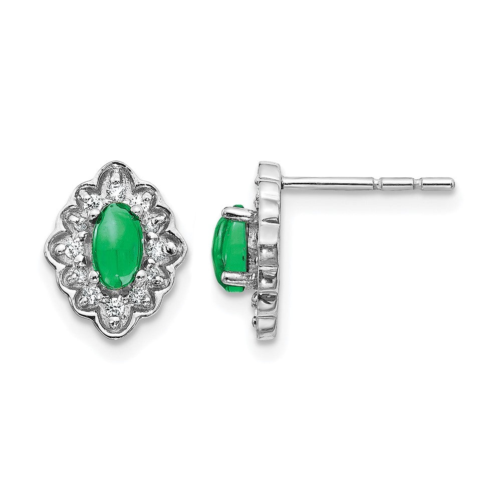 14k White Gold Real Diamond and Cabochon Emerald Earrings