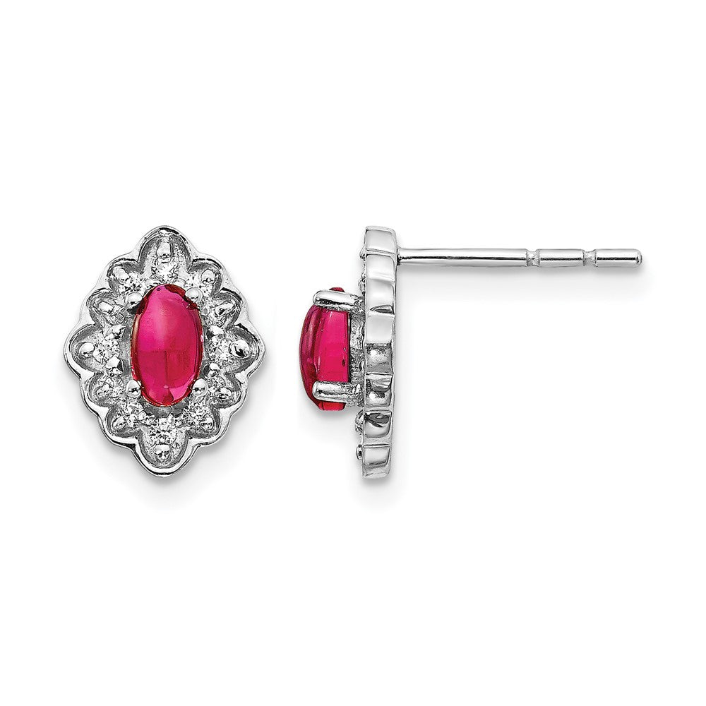 14k White Gold Real Diamond and Cabochon Ruby Earrings