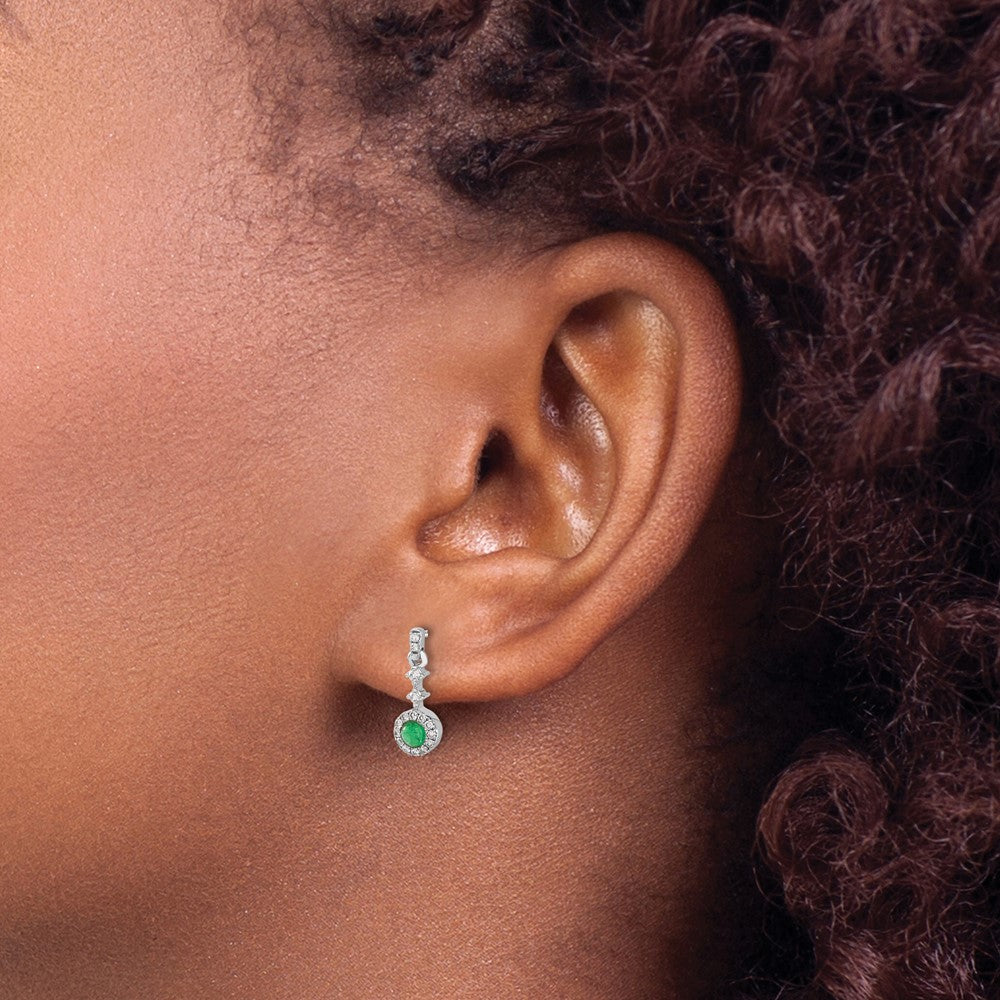 14k White Gold Real Diamond and Cabochon Emerald Earrings