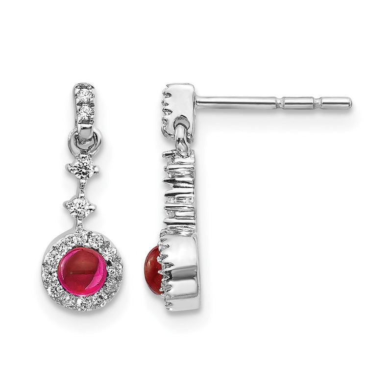 14k White Gold Real Diamond and Cabochon Ruby Earrings