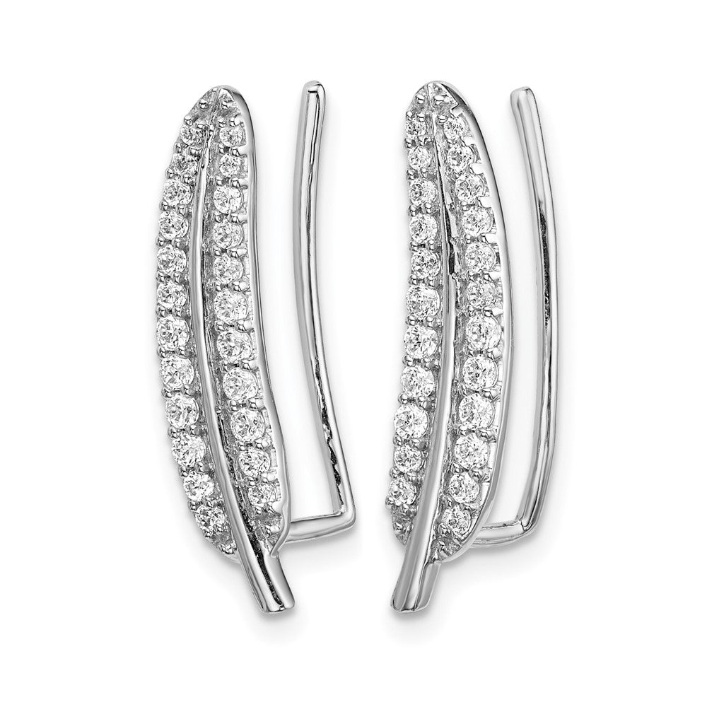 14k White Gold Real Diamond Feather Ear Climber Earrings