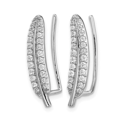 14k White Gold Real Diamond Feather Ear Climber Earrings