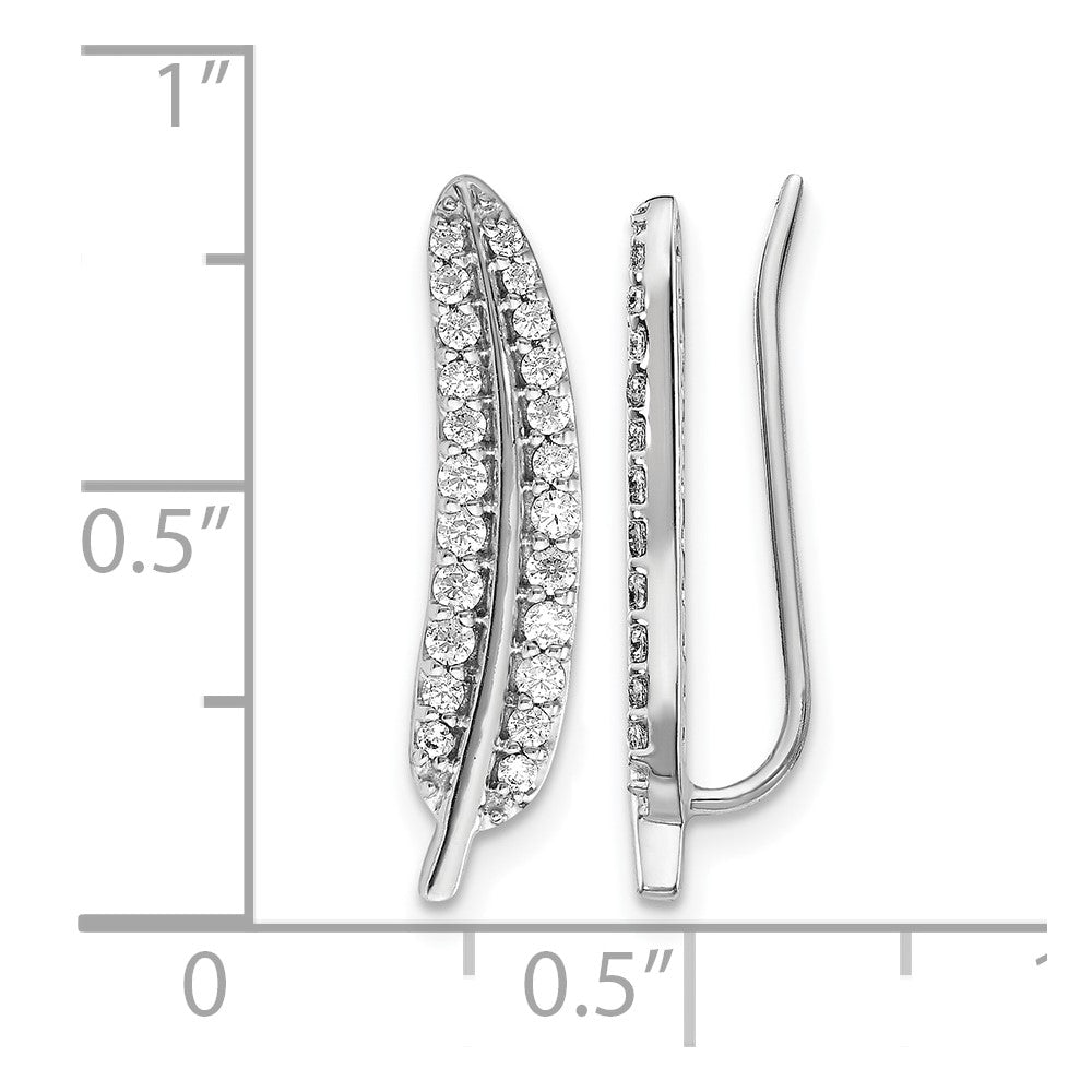 14k White Gold Real Diamond Feather Ear Climber Earrings