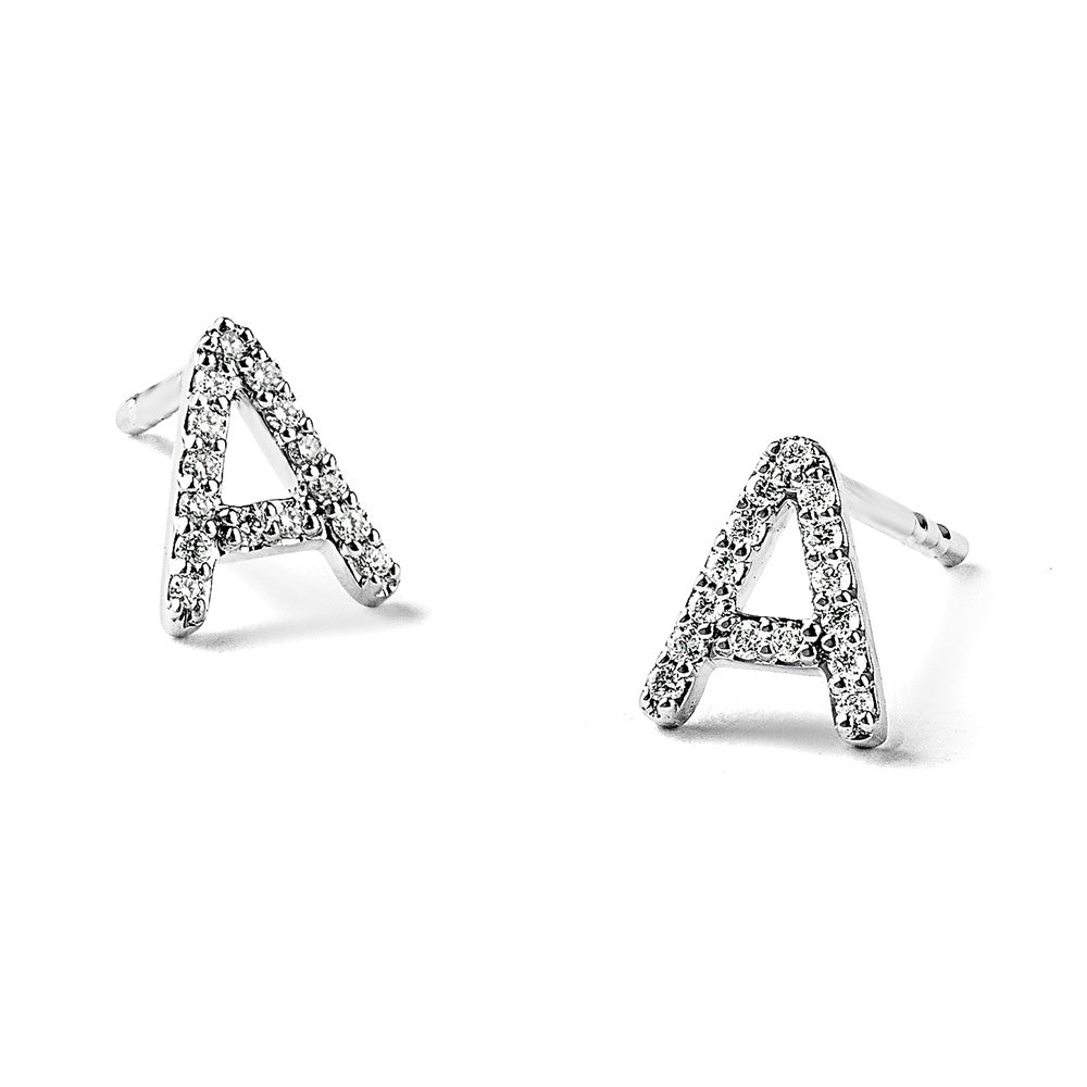 14k White Gold Real Diamond Initial A Earrings
