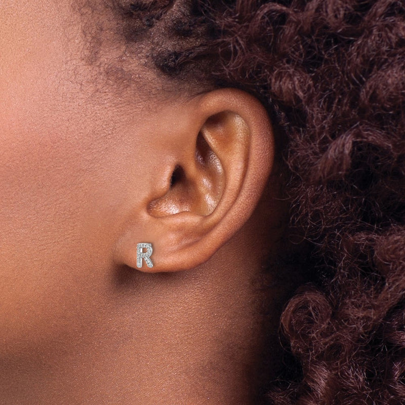 14k White Gold Real Diamond Initial R Earrings