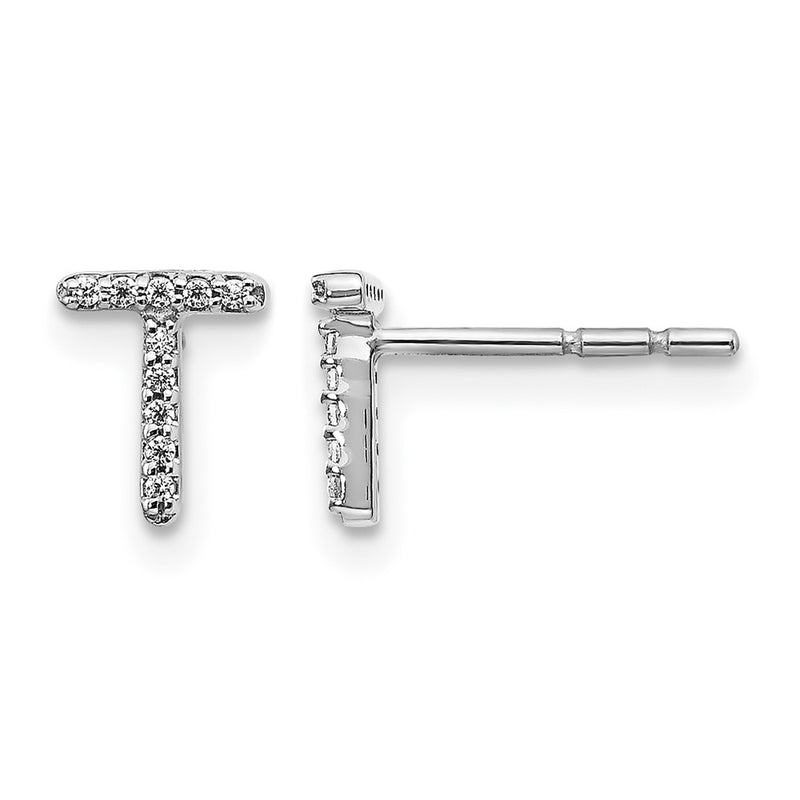 14k White Gold Real Diamond Initial T Earrings
