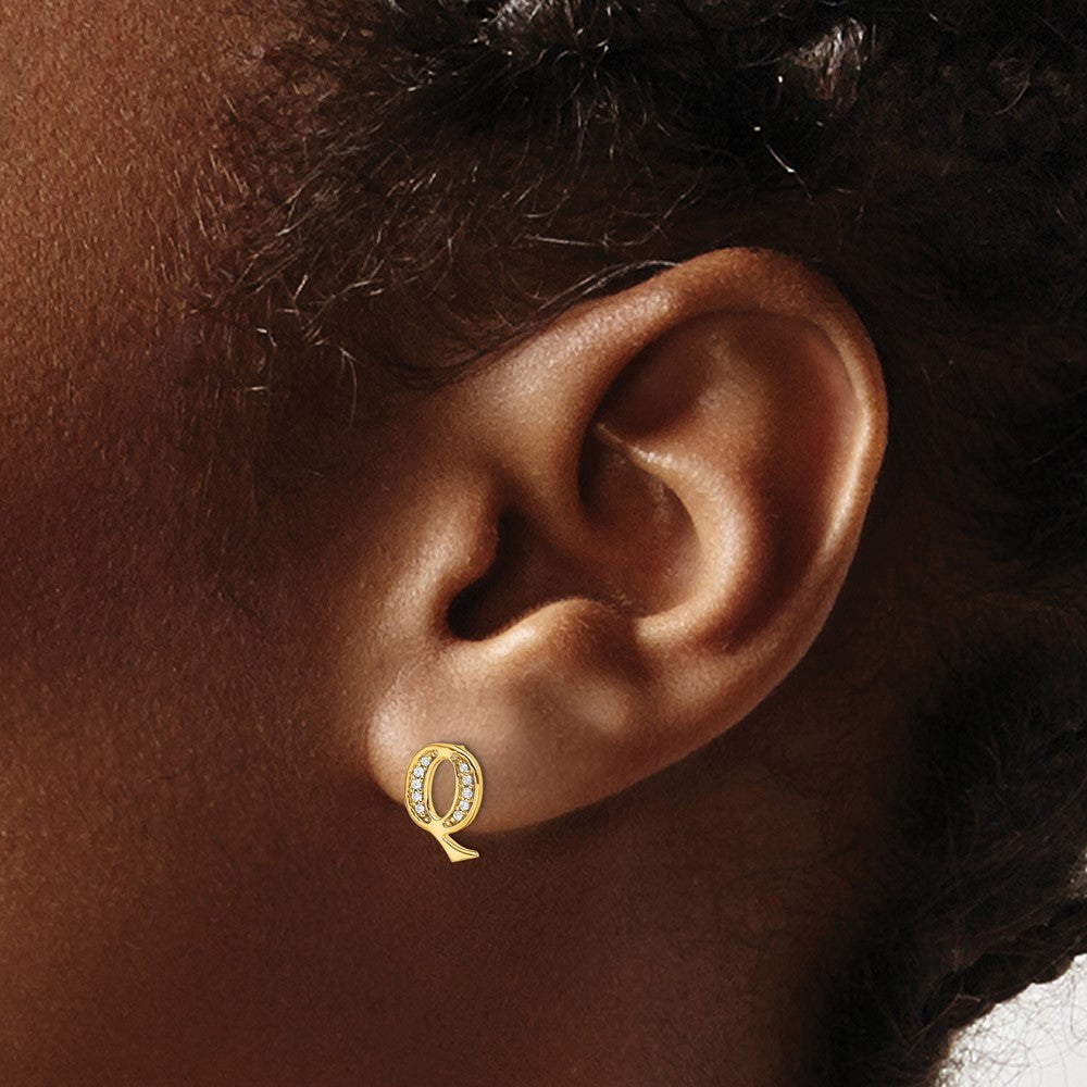 14k Yellow Gold Real Diamond Initial Q Earrings