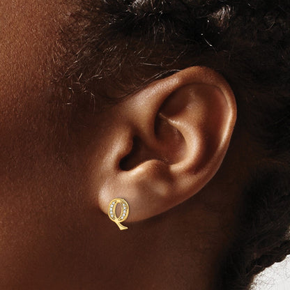 14k Yellow Gold Real Diamond Initial Q Earrings