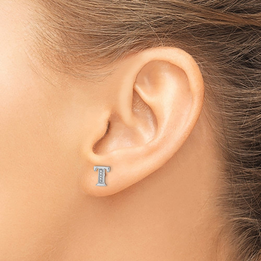 14k White Gold Real Diamond Initial T Earrings