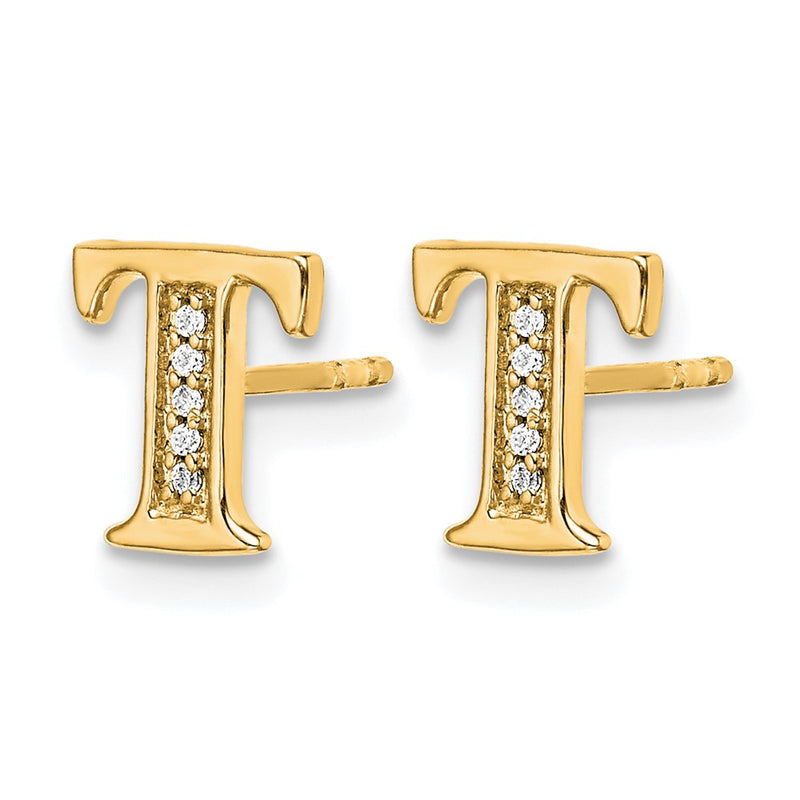 14k Yellow Gold Real Diamond Initial T Earrings