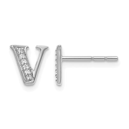 14k White Gold Real Diamond Initial V Earrings