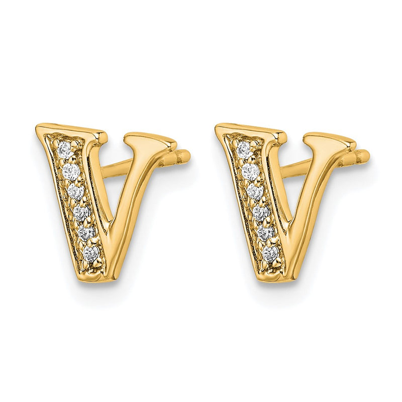 14k Yellow Gold Real Diamond Initial V Earrings