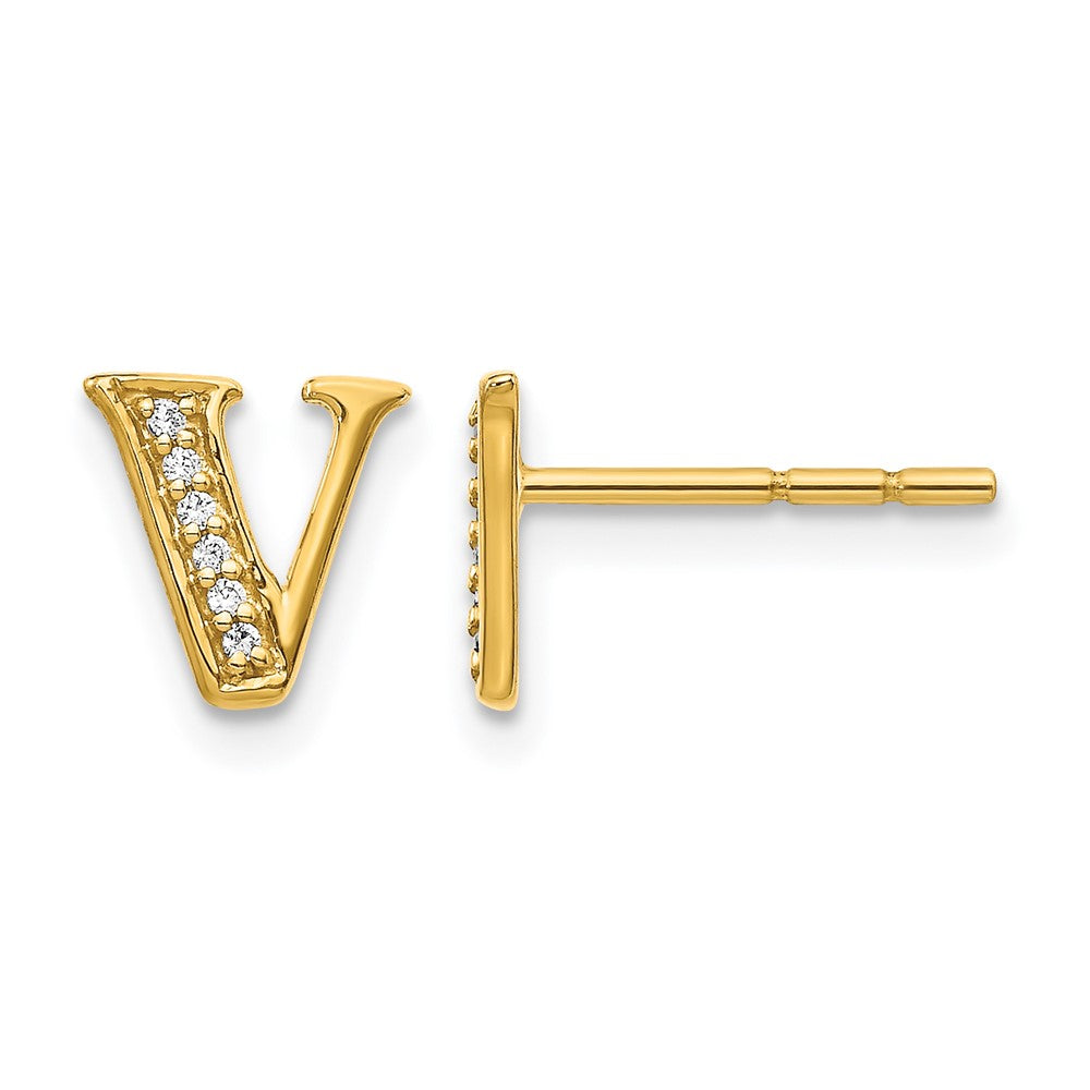 14k Yellow Gold Real Diamond Initial V Earrings