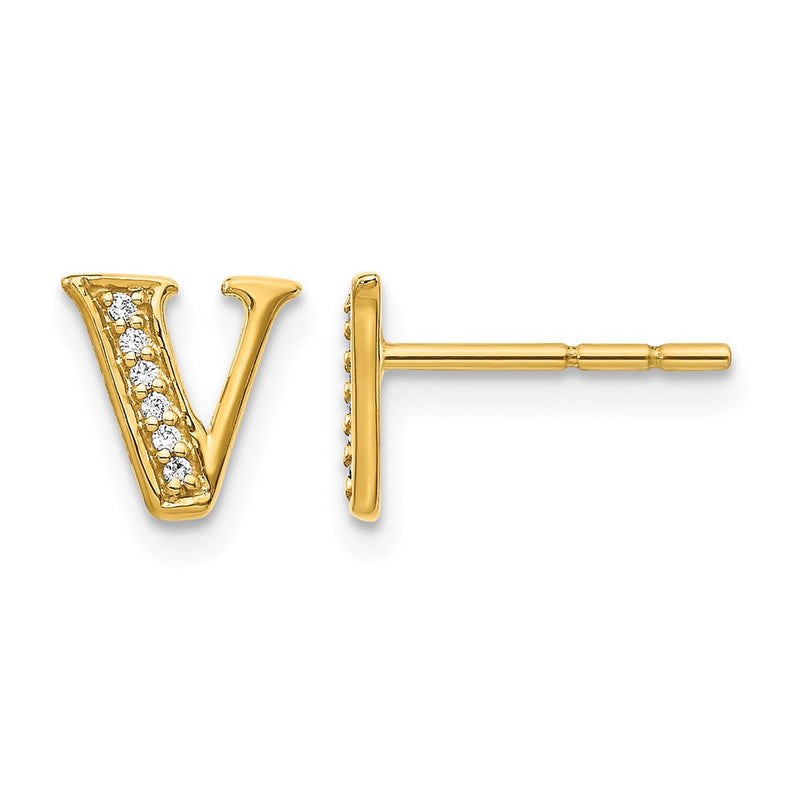14k Yellow Gold Real Diamond Initial V Earrings