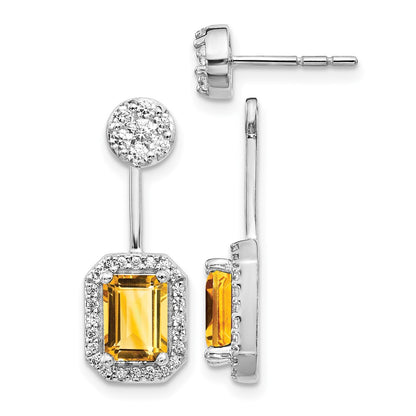 14k White Gold Real Diamond/Citrine Front/Back Earrings