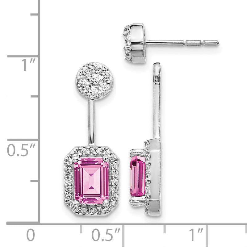 14k White Gold Real Diamond/Created Pink Sapph. Front/Back Earrings