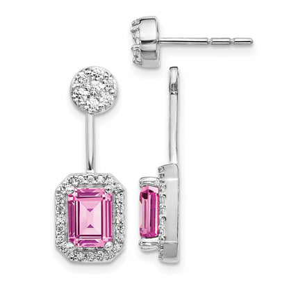 14k White Gold Real Diamond/Created Pink Sapph. Front/Back Earrings