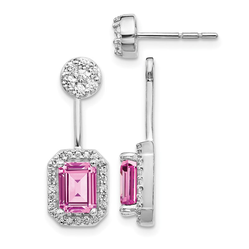14k White Gold Real Diamond/Created Pink Sapph. Front/Back Earrings